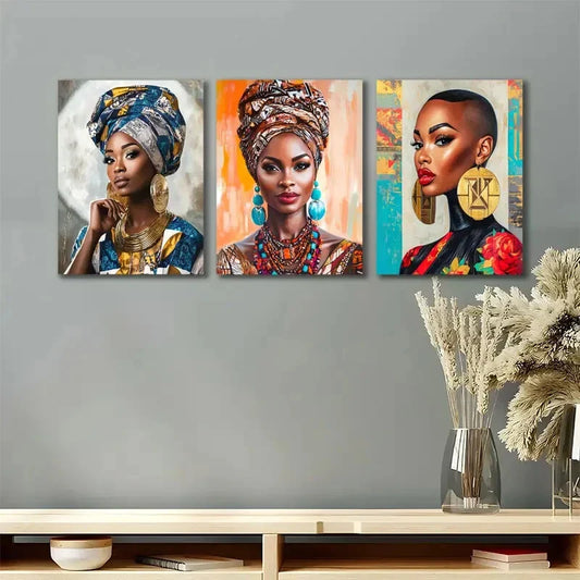 3pcs African Woman Elegant Cultural Metal Print Ready to Hang Art