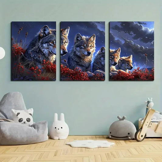 3pcs Wolf Majestic Wildlife Red Flowers Metal Print Ready to Hang Art