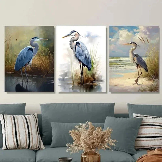 3pcs Blue Heron Wetlands & Beach Scene Wall Art Set Canvas Framed 40x60cm - High Quality Print 100% Australian Made Wall Canvas Ready to Hang