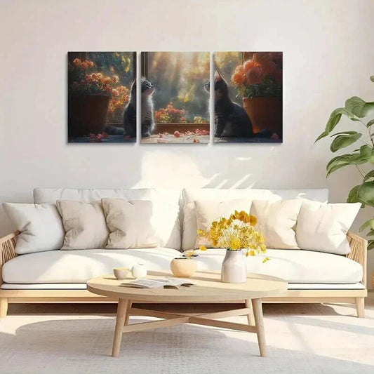 3pcs Serene Feline Next to an Open Window Wall Art Set Canvas Framed 40x60cm - High Quality Print 100% Australian Made Wall Canvas Ready to Hang