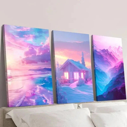 3pcs Pink Colored Houses in the Snow Wall Art Set Canvas Framed 40x60cm - High Quality Print 100% Australian Made Wall Canvas Ready to Hang