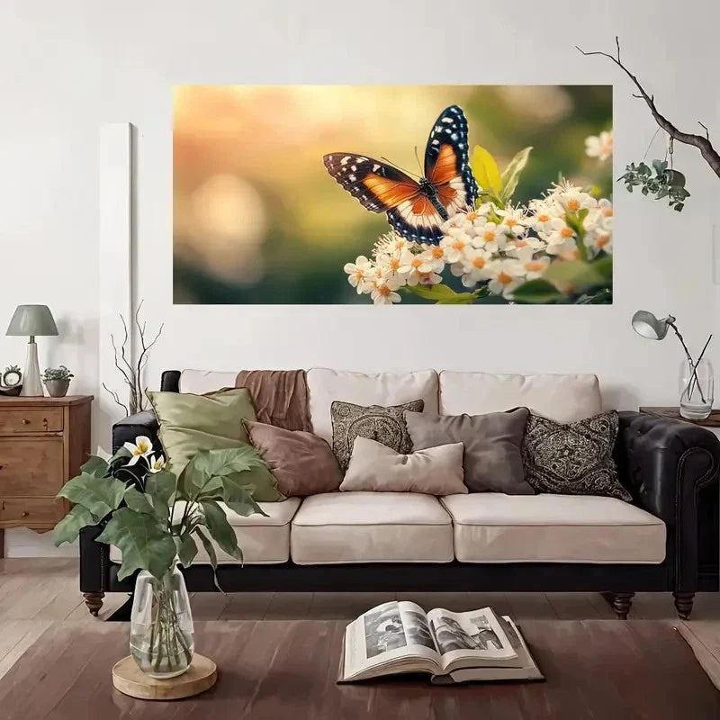Butterfly On White Flowers Wall Art Canvas Office Home Room Framed 80x45cm
