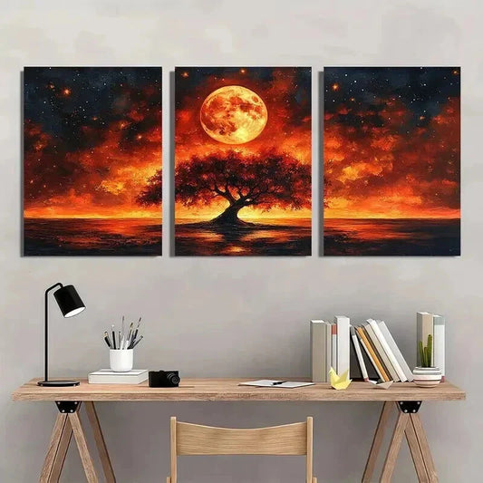 3pcs Warm Orange Red Hues Moon Night Scene Wall Art Set Canvas Framed 40x60cm - High Quality Print 100% Australian Made Wall Canvas Ready to Hang