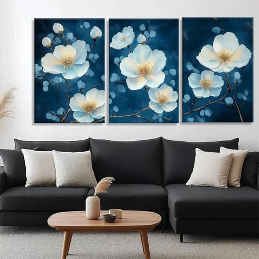 3pcs Stylish White Blossoms on Deep Blue Perfect Wall Art Set Canvas Framed 40x60cm - High Quality Print 100% Australian Made Wall Canvas Ready to Hang