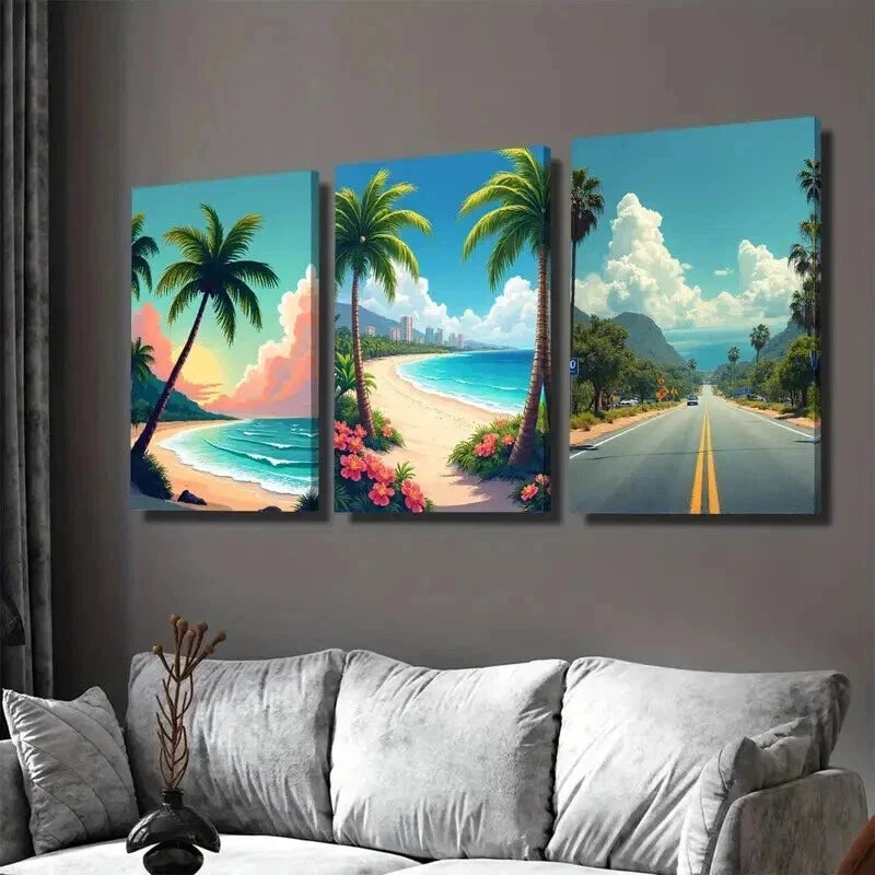 3pcs Tropical Beach Sunset Vibrant Coastal Wall Art Set Canvas Framed 40x60cm - High Quality Print 100% Australian Made Wall Canvas Ready to Hang