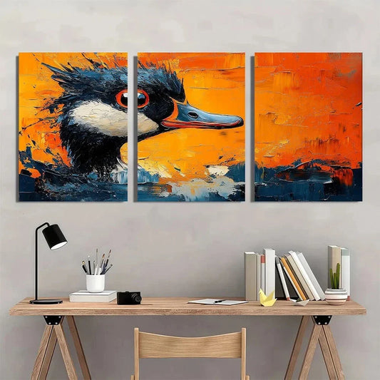 3pcs Vibrant Abstract Duck Modern Orange & Yellow Metal Print Ready to Hang Art