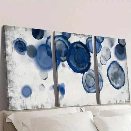3pcs Navy Blue & White Abstract Watercolor Wall Art Set Canvas Framed 40x60cm - High Quality Print 100% Australian Made Wall Canvas Ready to Hang