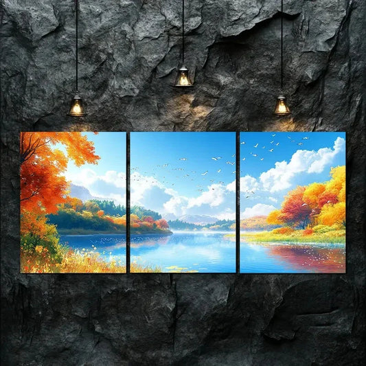 3pcs Vibrant Foliage & Reflective Waters Perfect Wall Art Set Canvas Framed 40x60cm - High Quality Print 100% Australian Made Wall Canvas Ready to Hang