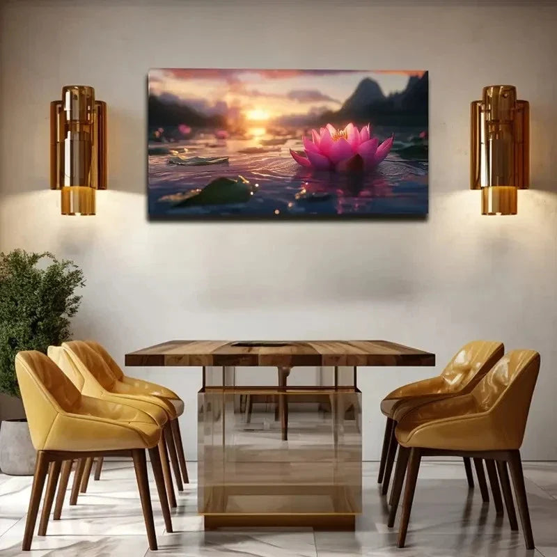 Vibrant Sunset Lotus Flower Wall Art Canvas Office Home Room Framed 120x60cm
