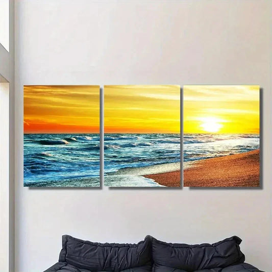 3pcs Sunset Beach Triptych Ocean Waves & Sandy Metal Print Ready to Hang Art