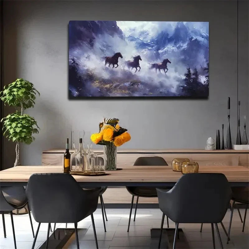 Three Horses Galloping Wall Art canvas office home room framed 120x60cm