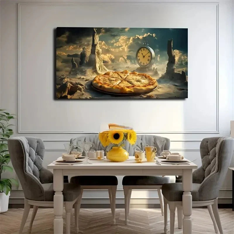 Vintage Clock With Pizza & Wall Art Canvas Office Home Room Framed 120x60cm