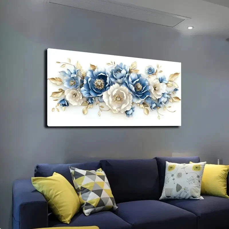Blue & White Flower Design Wall Art canvas office home room framed 120x60cm