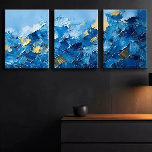 3pcs Abstract Blue & Golden Oil Painting Wall Art Set Canvas Framed 40x60cm - High Quality Print 100% Australian Made Wall Canvas Ready to Hang