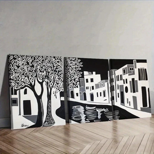 3pcs Black and White Ancient City Canal Wall Art Set Canvas Framed 40x60cm - High Quality Print 100% Australian Made Wall Canvas Ready to Hang
