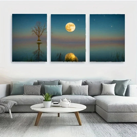 3pcs Full Moon Shines Brightly Over A-Majestic Metal Print Ready to Hang Art