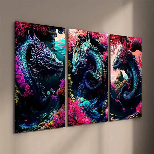 3pcs Fantasy Animal Dragon Illustration Wall Art Set Canvas Framed 40x60cm - High Quality Print 100% Australian Made Wall Canvas Ready to Hang