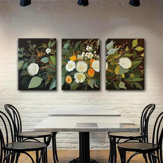 3pcs White & Yellow Blossoms with Green Perfect Wall Art Set Canvas Framed 40x60cm - High Quality Print 100% Australian Made Wall Canvas Ready to Hang