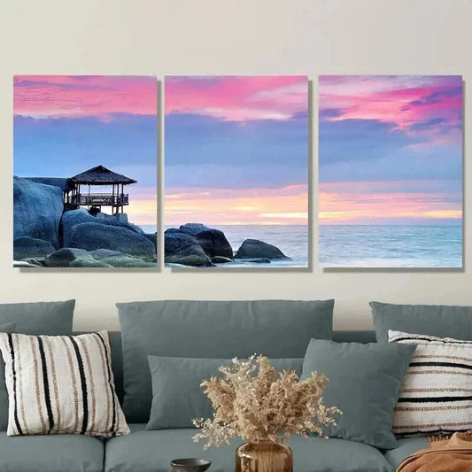 3pcs Coastal Sunset Beach Hut & Ocean Landscape Wall Art Set Canvas Framed 40x60cm - High Quality Print 100% Australian Made Wall Canvas Ready to Hang