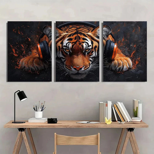 3pcs Funny Gamer Earphone Animals Tiger Metal Print Ready to Hang Art
