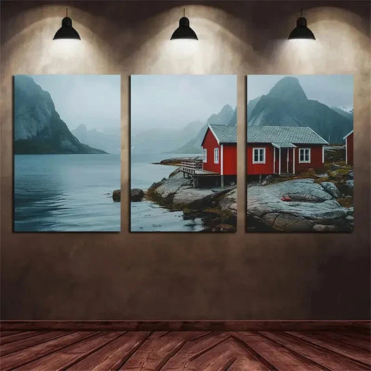 3pcs Mountain Red Farmhouse Beach Metal Print Ready to Hang Art