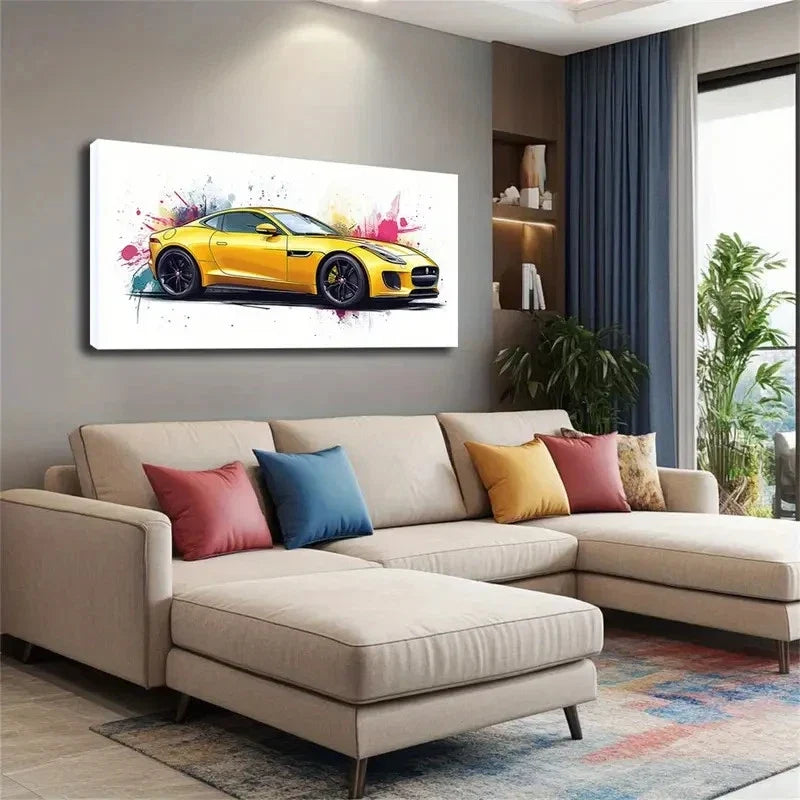 Yellow Sports Car Presented Wall Art Canvas Office Home Room Framed 120x60cm