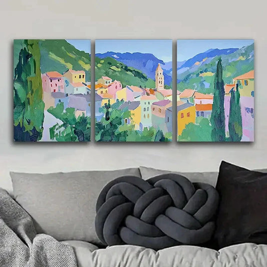 3pcs Alpine Village Scene, Metal Print Ready to Hang Art