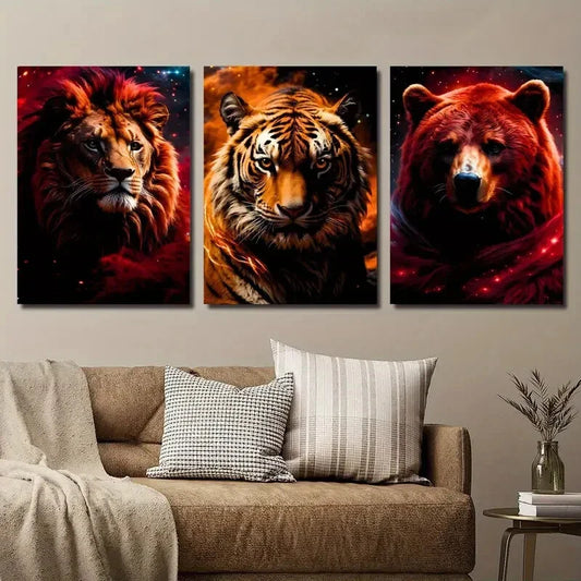 3pcs Lion Tiger and Bear Spirit Animal Metal Print Ready to Hang Art