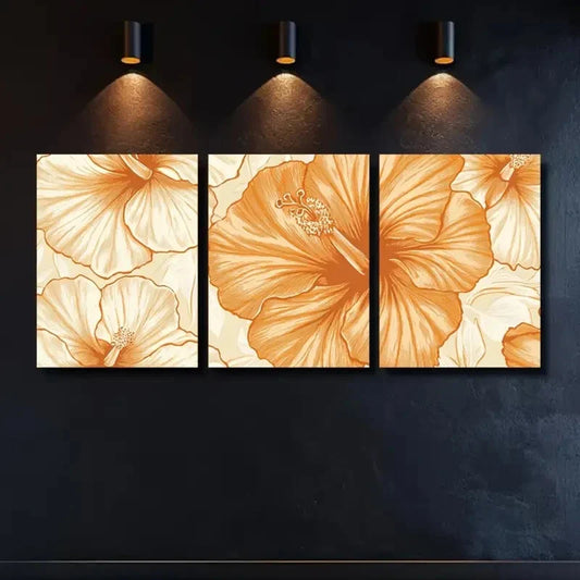 3pcs Orange and Cream Linocut Design Vibrant Metal Print Ready to Hang Art