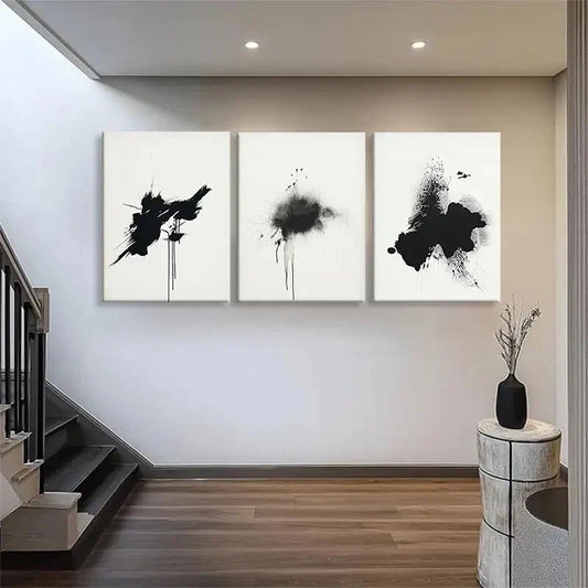 3pcs Black Ink Abstract Splatter Bold Perfect Wall Art Set Canvas Framed 40x60cm - High Quality Print 100% Australian Made Wall Canvas Ready to Hang