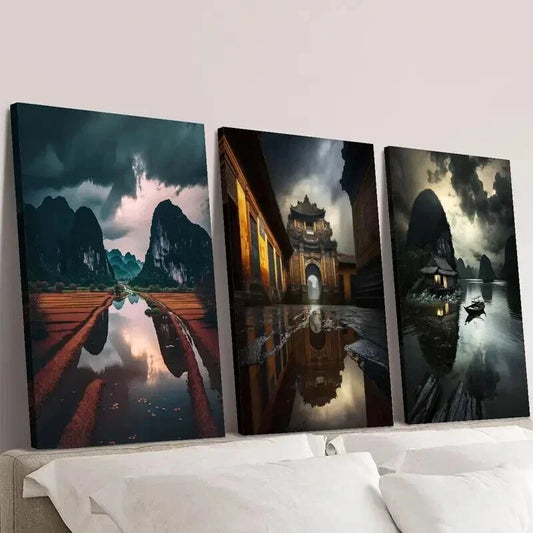 3pcs Vietnam Rainy Season Landscape Wall Art Set Canvas Framed 40x60cm - High Quality Print 100% Australian Made Wall Canvas Ready to Hang