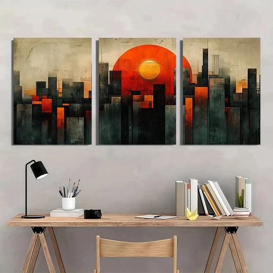 3pcs Geometric Abstract Green Orange & Black Metal Print Ready to Hang Art