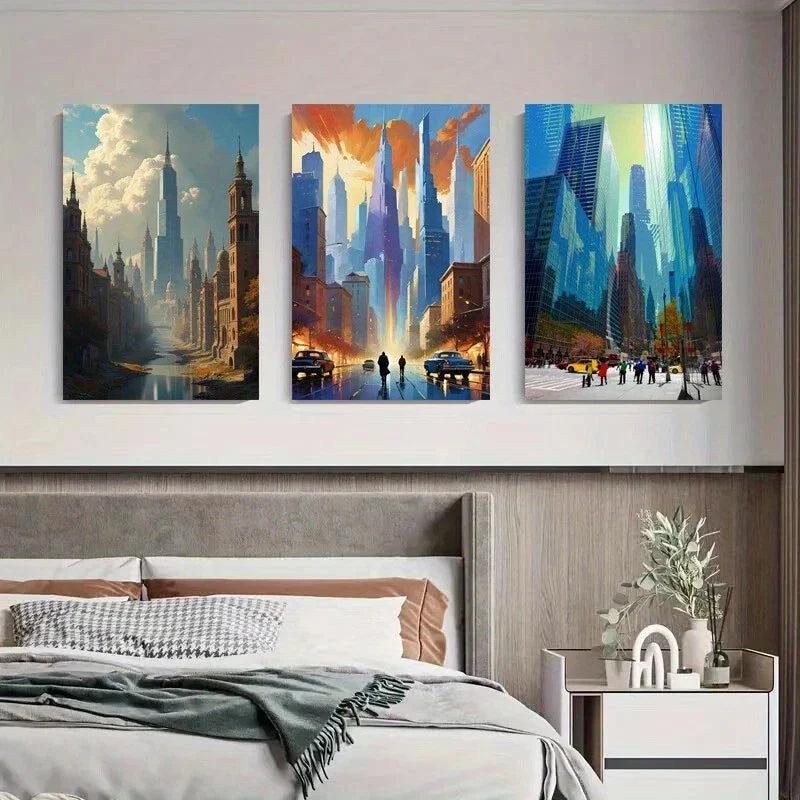 3pcs Abstract Urban Night Street Scenes Metal Print Ready to Hang Art