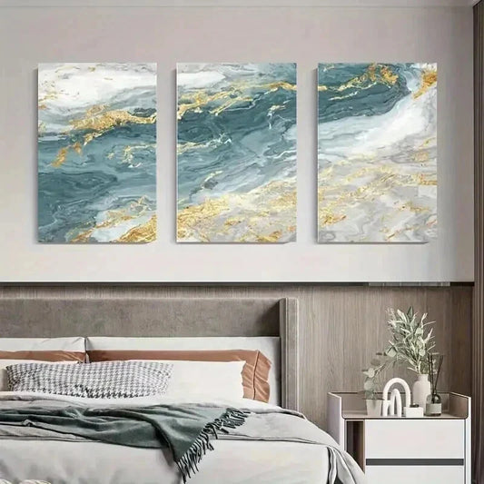 3pcs Abstract Marble Blue & Golden Swirls Wall Art Set Canvas Framed 40x60cm - High Quality Print 100% Australian Made Wall Canvas Ready to Hang