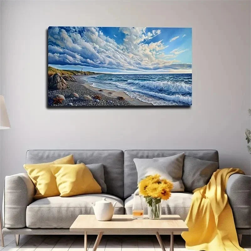 White Clouds Seashore Wall Art Canvas Office Home Room Framed 80x45cm