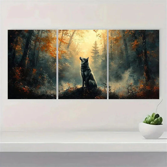 3pcs Majestic Black Wolf Raven Forest Metal Print Ready to Hang Art