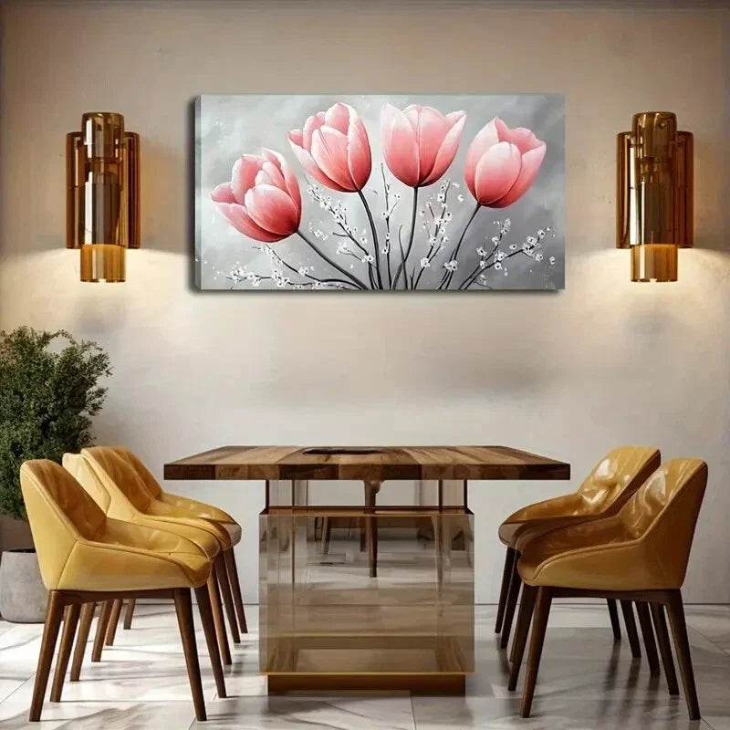 Pink Tulip White Flower Accents Wall Art Canvas Office Home Room Framed 80x45cm
