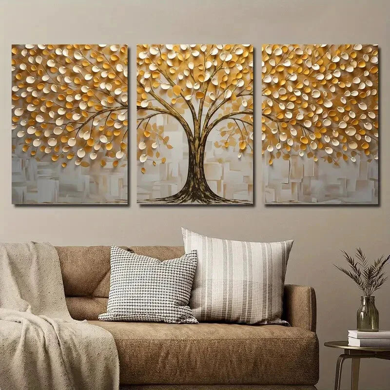 3pcs Golden Black and White Tree Texture Wall Art Set Canvas Framed 40x60cm - High Quality Print 100% Australian Made Wall Canvas Ready to Hang