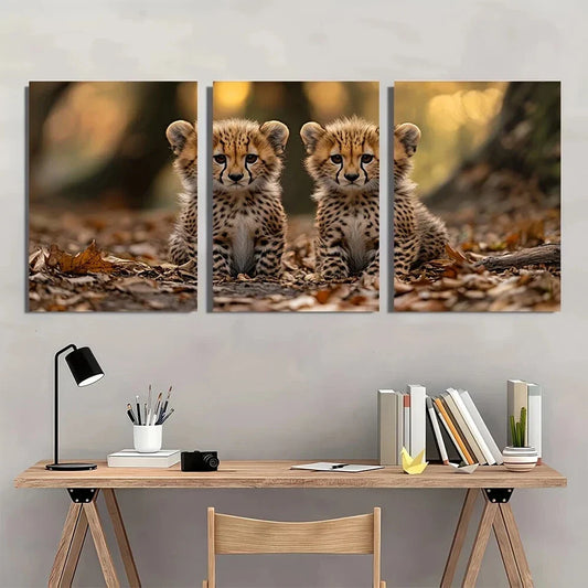 3pcs Cheetah Cubs Wildlife Animal Themed Metal Print Ready to Hang Art