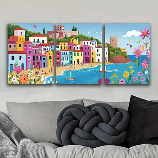 3pcs Mediterranean town Art Painting Metal Print Ready to Hang Art