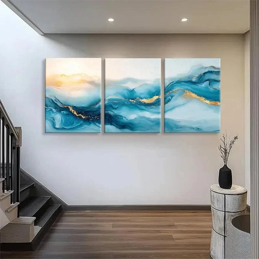 3pcs Blue and Golden Abstract Ocean Wave Perfect Wall Art Set Canvas Framed 40x60cm - High Quality Print 100% Australian Made Wall Canvas Ready to Hang
