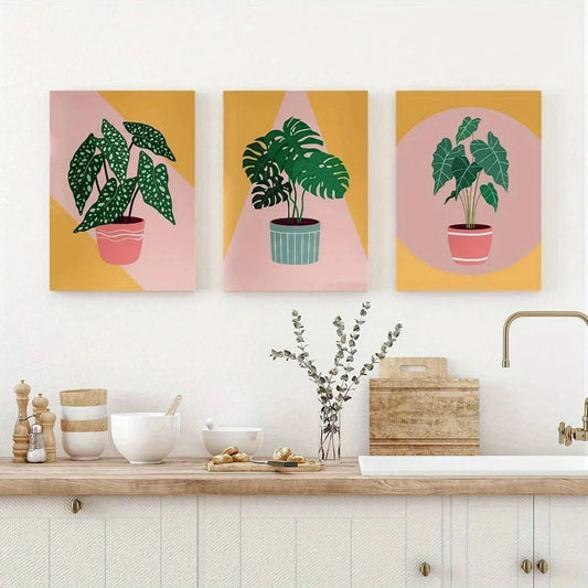 3pcs Christmas Cartoon Flower pot Modern Metal Print Ready to Hang Art