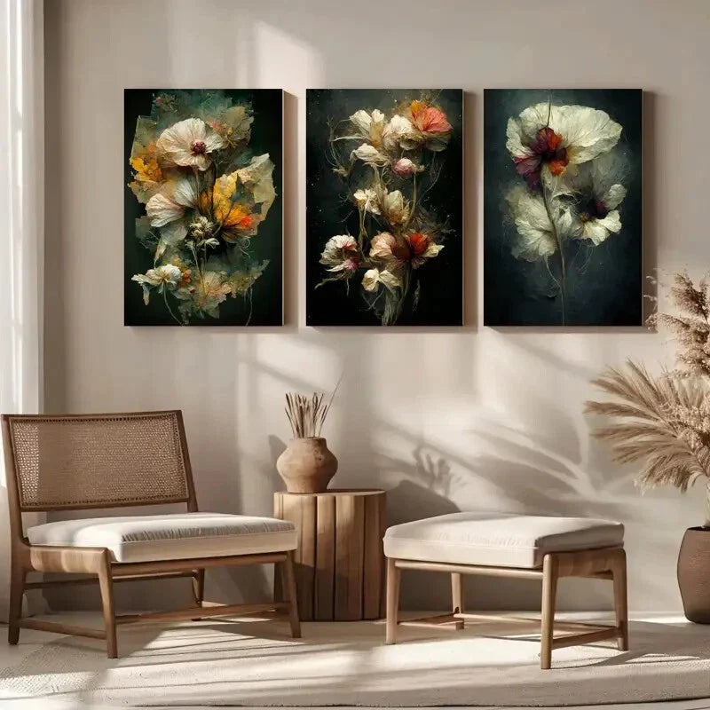 3pcs Flowers Dry Flower Painting Metal Print Ready to Hang Art