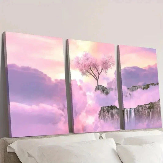 3pcs Waterfalls and Pink Cherry Blossoms Wall Art Set Canvas Framed 40x60cm - High Quality Print 100% Australian Made Wall Canvas Ready to Hang