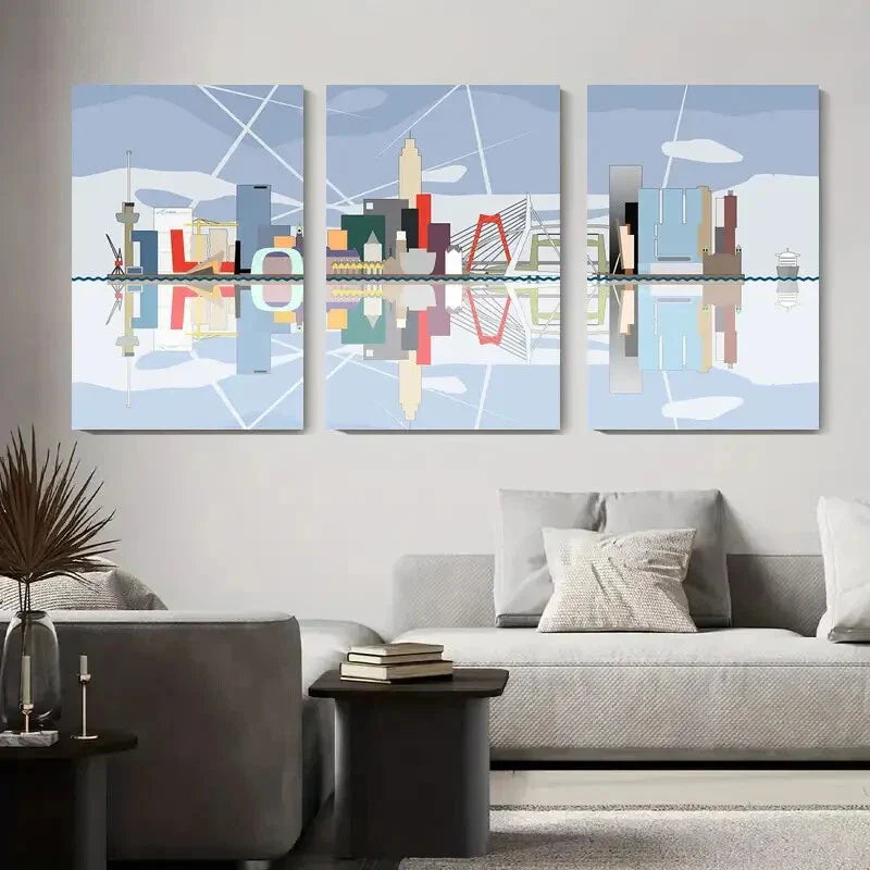 3pcs Abstract City Skyline Geometric Urban Metal Print Ready to Hang Art