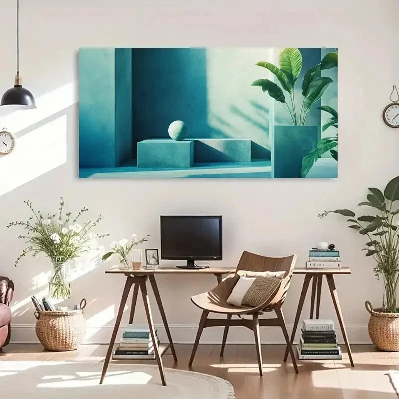 Minimalist Geometric Blue Wall Art Canvas Office Home Room Framed 120x60cm