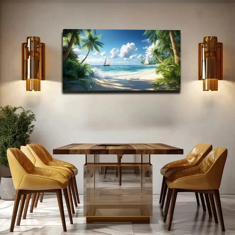 Serene Beach Scene Sailboats Wall Art canvas office home room framed 120x60cm