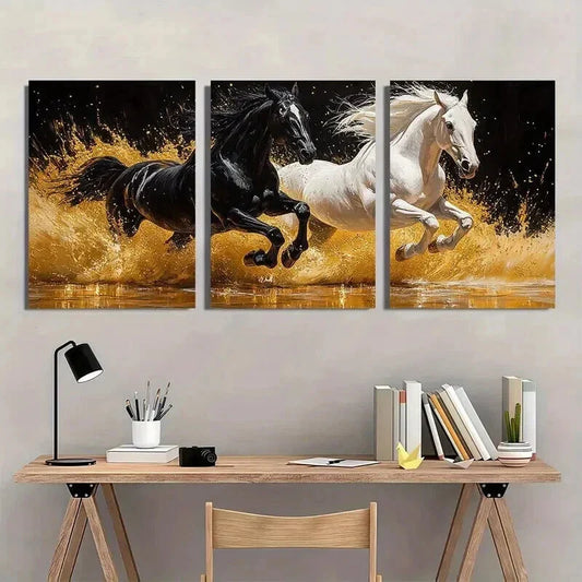 3pcs Black & White Horses with Golden Accents Wall Art Set Canvas Framed 40x60cm - High Quality Print 100% Australian Made Wall Canvas Ready to Hang