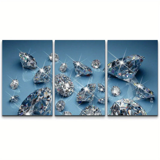 3pcs Shiny Large & Small Diamonds Geometric Metal Print Ready to Hang Art