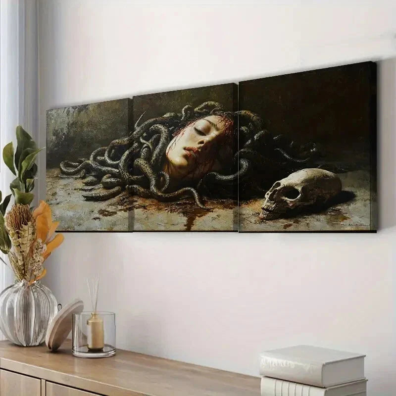 3pcs Medusa's Head Skull Waterproof Dark Wall Art Set Canvas Framed 40x60cm - High Quality Print 100% Australian Made Wall Canvas Ready to Hang